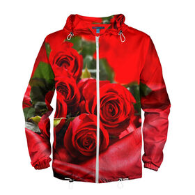 Мужская ветровка 3D с принтом Розы в Новосибирске, 100% полиэстер | подол и капюшон оформлены резинкой с фиксаторами, два кармана без застежек по бокам, один потайной карман на груди | букет | красная | лепесток | разноцветная | роза | цветок