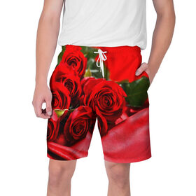 Мужские шорты 3D с принтом Розы в Новосибирске,  полиэстер 100% | прямой крой, два кармана без застежек по бокам. Мягкая трикотажная резинка на поясе, внутри которой широкие завязки. Длина чуть выше колен | букет | красная | лепесток | разноцветная | роза | цветок