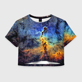 Женская футболка 3D укороченная с принтом Nebula in Space в Новосибирске, 100% полиэстер | круглая горловина, длина футболки до линии талии, рукава с отворотами | 