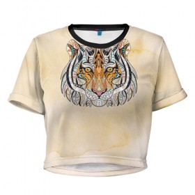 Женская футболка 3D укороченная с принтом Тигр 2 в Новосибирске, 100% полиэстер | круглая горловина, длина футболки до линии талии, рукава с отворотами | тигр