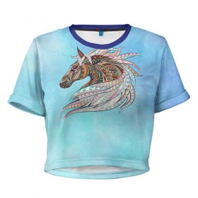 Женская футболка 3D укороченная с принтом Конь в Новосибирске, 100% полиэстер | круглая горловина, длина футболки до линии талии, рукава с отворотами | конь | лошадь