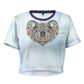 Женская футболка 3D укороченная с принтом Коала в Новосибирске, 100% полиэстер | круглая горловина, длина футболки до линии талии, рукава с отворотами | коала