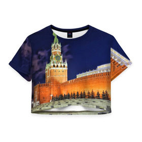 Женская футболка 3D укороченная с принтом Кремль в Новосибирске, 100% полиэстер | круглая горловина, длина футболки до линии талии, рукава с отворотами | moscow | russia | гордость | кремль | москва | отечество | родина | россия | столица
