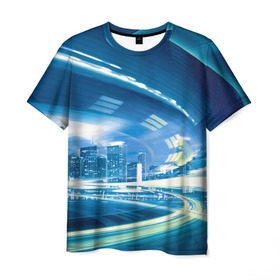 Мужская футболка 3D с принтом Мегаполис в Новосибирске, 100% полиэфир | прямой крой, круглый вырез горловины, длина до линии бедер | night city | высотки | город | движение | мегаполис | неоновый свет | ночная жизнь | ночной город | огни | поток | столица | трафик