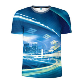 Мужская футболка 3D спортивная с принтом Мегаполис в Новосибирске, 100% полиэстер с улучшенными характеристиками | приталенный силуэт, круглая горловина, широкие плечи, сужается к линии бедра | night city | высотки | город | движение | мегаполис | неоновый свет | ночная жизнь | ночной город | огни | поток | столица | трафик