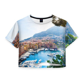 Женская футболка 3D укороченная с принтом Монако в Новосибирске, 100% полиэстер | круглая горловина, длина футболки до линии талии, рукава с отворотами | europe | monaco | гламур | европа | загар | княжество | миллионеры | монако | отдых | отпуск | пляж | роскошь | солнце | средиземное море | туризм