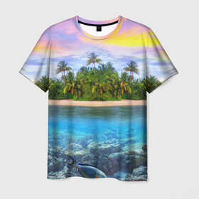Мужская футболка 3D с принтом Мальдивы в Новосибирске, 100% полиэфир | прямой крой, круглый вырез горловины, длина до линии бедер | Тематика изображения на принте: загар | каникулы | мальдивские острова | мальдивы | отдых | отпуск | пляж | приключения | солнце | туризм
