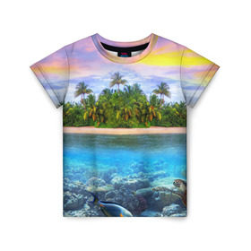 Детская футболка 3D с принтом Мальдивы в Новосибирске, 100% гипоаллергенный полиэфир | прямой крой, круглый вырез горловины, длина до линии бедер, чуть спущенное плечо, ткань немного тянется | загар | каникулы | мальдивские острова | мальдивы | отдых | отпуск | пляж | приключения | солнце | туризм