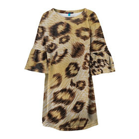 Детское платье 3D с принтом Леопардовая ткань в Новосибирске, 100% полиэстер | прямой силуэт, чуть расширенный к низу. Круглая горловина, на рукавах — воланы | Тематика изображения на принте: гепард | гламур | леопард | мода | пятна | роскошь | ткань | точки | шерсть