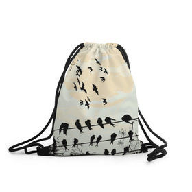 Рюкзак-мешок 3D с принтом Темная стая в Новосибирске, 100% полиэстер | плотность ткани — 200 г/м2, размер — 35 х 45 см; лямки — толстые шнурки, застежка на шнуровке, без карманов и подкладки | ворон | закат | ласточки | новинки | популярное | птицы | темнота