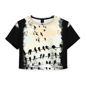 Женская футболка 3D укороченная с принтом Темная стая в Новосибирске, 100% полиэстер | круглая горловина, длина футболки до линии талии, рукава с отворотами | ворон | закат | ласточки | новинки | популярное | птицы | темнота