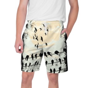Мужские шорты 3D с принтом Темная стая в Новосибирске,  полиэстер 100% | прямой крой, два кармана без застежек по бокам. Мягкая трикотажная резинка на поясе, внутри которой широкие завязки. Длина чуть выше колен | ворон | закат | ласточки | новинки | популярное | птицы | темнота