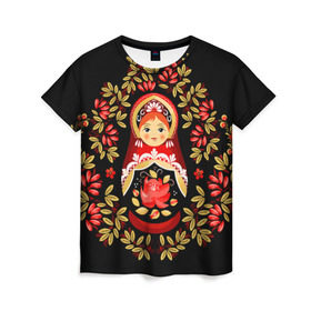 Женская футболка 3D с принтом Матрешка в Новосибирске, 100% полиэфир ( синтетическое хлопкоподобное полотно) | прямой крой, круглый вырез горловины, длина до линии бедер | flowers | matryoshka | russian | роспись | русская | цветы