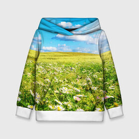 Детская толстовка 3D с принтом Ромашковый ковёр в Новосибирске, 100% полиэстер | двухслойный капюшон со шнурком для регулировки, мягкие манжеты на рукавах и по низу толстовки, спереди карман-кенгуру с мягким внутренним слоем | Тематика изображения на принте: горизонт | зелень | небо | облака | поле | поляна | ромашки | солнце | цветы