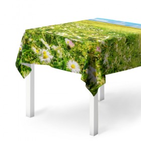 Скатерть 3D с принтом Ромашковый ковёр в Новосибирске, 100% полиэстер (ткань не мнется и не растягивается) | Размер: 150*150 см | горизонт | зелень | небо | облака | поле | поляна | ромашки | солнце | цветы