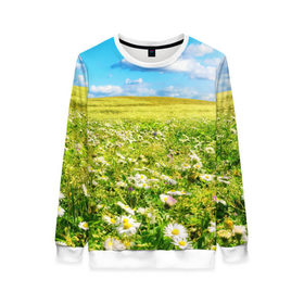 Женский свитшот 3D с принтом Ромашковый ковёр в Новосибирске, 100% полиэстер с мягким внутренним слоем | круглый вырез горловины, мягкая резинка на манжетах и поясе, свободная посадка по фигуре | горизонт | зелень | небо | облака | поле | поляна | ромашки | солнце | цветы