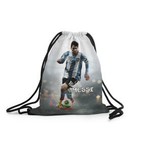 Рюкзак-мешок 3D с принтом Leo Messi в Новосибирске, 100% полиэстер | плотность ткани — 200 г/м2, размер — 35 х 45 см; лямки — толстые шнурки, застежка на шнуровке, без карманов и подкладки | barselona | messi | аргентина | барселона | месси | мяч | футбол