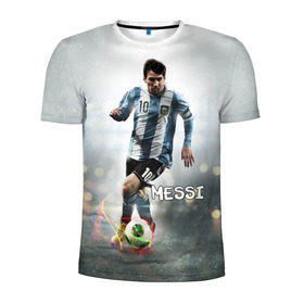 Мужская футболка 3D спортивная с принтом Leo Messi в Новосибирске, 100% полиэстер с улучшенными характеристиками | приталенный силуэт, круглая горловина, широкие плечи, сужается к линии бедра | Тематика изображения на принте: barselona | messi | аргентина | барселона | месси | мяч | футбол