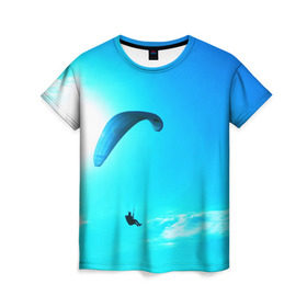 Женская футболка 3D с принтом Прыжок в Новосибирске, 100% полиэфир ( синтетическое хлопкоподобное полотно) | прямой крой, круглый вырез горловины, длина до линии бедер | парашют | прыжок | синяя