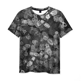 Мужская футболка 3D с принтом Следы в Новосибирске, 100% полиэфир | прямой крой, круглый вырез горловины, длина до линии бедер | Тематика изображения на принте: камуфляж | ноги | обувь | серый
