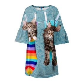 Детское платье 3D с принтом Мейн-кун 1 в Новосибирске, 100% полиэстер | прямой силуэт, чуть расширенный к низу. Круглая горловина, на рукавах — воланы | Тематика изображения на принте: кот | котенок | котик | котэ | кошка | мейн кун | мейнкун | мэйн кун | мэйнкун