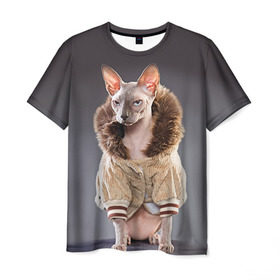 Мужская футболка 3D с принтом Сфинкс 4 в Новосибирске, 100% полиэфир | прямой крой, круглый вырез горловины, длина до линии бедер | кот | котенок | котик | котэ | кошка | сфинкс