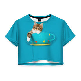 Женская футболка 3D укороченная с принтом Мейн-кун 4 в Новосибирске, 100% полиэстер | круглая горловина, длина футболки до линии талии, рукава с отворотами | кот | котенок | котик | котэ | кошка | мейн кун | мейнкун | мэйн кун | мэйнкун