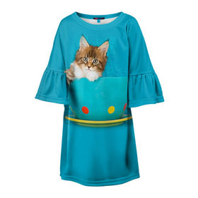Детское платье 3D с принтом Мейн-кун 4 в Новосибирске, 100% полиэстер | прямой силуэт, чуть расширенный к низу. Круглая горловина, на рукавах — воланы | Тематика изображения на принте: кот | котенок | котик | котэ | кошка | мейн кун | мейнкун | мэйн кун | мэйнкун