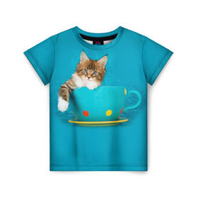 Детская футболка 3D с принтом Мейн-кун 4 в Новосибирске, 100% гипоаллергенный полиэфир | прямой крой, круглый вырез горловины, длина до линии бедер, чуть спущенное плечо, ткань немного тянется | Тематика изображения на принте: кот | котенок | котик | котэ | кошка | мейн кун | мейнкун | мэйн кун | мэйнкун