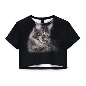Женская футболка 3D укороченная с принтом Мейн-кун 5 в Новосибирске, 100% полиэстер | круглая горловина, длина футболки до линии талии, рукава с отворотами | кот | котенок | котик | котэ | кошка | мейн кун | мейнкун | мэйн кун | мэйнкун