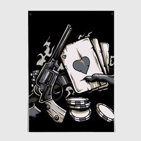 Постер с принтом Смертельная игра в Новосибирске, 100% бумага
 | бумага, плотность 150 мг. Матовая, но за счет высокого коэффициента гладкости имеет небольшой блеск и дает на свету блики, но в отличии от глянцевой бумаги не покрыта лаком | карты | пистолет | покер | ствол