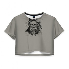 Женская футболка 3D укороченная с принтом Череп 7 в Новосибирске, 100% полиэстер | круглая горловина, длина футболки до линии талии, рукава с отворотами | skull | skulls | кости | скелет | череп