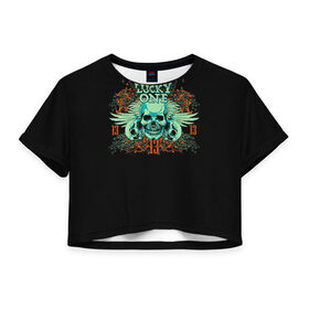 Женская футболка 3D укороченная с принтом Череп 13 в Новосибирске, 100% полиэстер | круглая горловина, длина футболки до линии талии, рукава с отворотами | skull | skulls | кости | скелет | череп