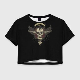 Женская футболка 3D укороченная с принтом Череп 22 в Новосибирске, 100% полиэстер | круглая горловина, длина футболки до линии талии, рукава с отворотами | skull | skulls | кости | скелет | череп