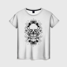 Женская футболка 3D с принтом Череп 33 в Новосибирске, 100% полиэфир ( синтетическое хлопкоподобное полотно) | прямой крой, круглый вырез горловины, длина до линии бедер | Тематика изображения на принте: skull | skulls | кости | скелет | череп