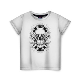 Детская футболка 3D с принтом Череп 33 в Новосибирске, 100% гипоаллергенный полиэфир | прямой крой, круглый вырез горловины, длина до линии бедер, чуть спущенное плечо, ткань немного тянется | Тематика изображения на принте: skull | skulls | кости | скелет | череп