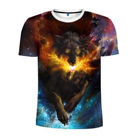 Мужская футболка 3D спортивная с принтом Космоволк в Новосибирске, 100% полиэстер с улучшенными характеристиками | приталенный силуэт, круглая горловина, широкие плечи, сужается к линии бедра | Тематика изображения на принте: волк | вселенная | галактика | звёзды | космос | оскал | пламя | созвездие