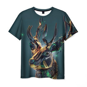 Мужская футболка 3D с принтом Золотой олень в Новосибирске, 100% полиэфир | прямой крой, круглый вырез горловины, длина до линии бедер | животные | золото | олень | природа | рога