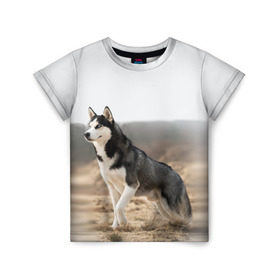 Детская футболка 3D с принтом Хаски в Новосибирске, 100% гипоаллергенный полиэфир | прямой крой, круглый вырез горловины, длина до линии бедер, чуть спущенное плечо, ткань немного тянется | Тематика изображения на принте: dog | husky | siberia | север | сибирь | собака | хаски
