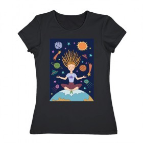 Женская футболка хлопок с принтом Йога и гармония в Новосибирске, 100% хлопок | прямой крой, круглый вырез горловины, длина до линии бедер, слегка спущенное плечо | девушка | единение | звезды | йога | космос | медитация | планета