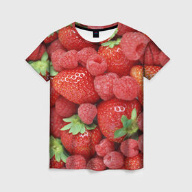 Женская футболка 3D с принтом Ягоды в Новосибирске, 100% полиэфир ( синтетическое хлопкоподобное полотно) | прямой крой, круглый вырез горловины, длина до линии бедер | десерт | еда | клубника | красный | малина | сладкое | ягоды