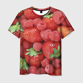 Мужская футболка 3D с принтом Ягоды в Новосибирске, 100% полиэфир | прямой крой, круглый вырез горловины, длина до линии бедер | десерт | еда | клубника | красный | малина | сладкое | ягоды
