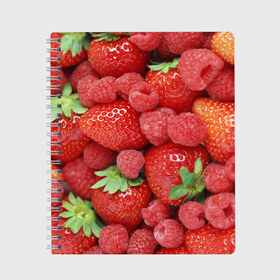 Тетрадь с принтом Ягоды в Новосибирске, 100% бумага | 48 листов, плотность листов — 60 г/м2, плотность картонной обложки — 250 г/м2. Листы скреплены сбоку удобной пружинной спиралью. Уголки страниц и обложки скругленные. Цвет линий — светло-серый
 | Тематика изображения на принте: десерт | еда | клубника | красный | малина | сладкое | ягоды