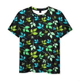 Мужская футболка 3D с принтом цветочный принт в Новосибирске, 100% полиэфир | прямой крой, круглый вырез горловины, длина до линии бедер | Тематика изображения на принте: акварель | графика | зелень | лес | лето | листья | принт | рисунок | цветок
