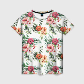 Женская футболка 3D с принтом Цветы и бабочки 1 в Новосибирске, 100% полиэфир ( синтетическое хлопкоподобное полотно) | прямой крой, круглый вырез горловины, длина до линии бедер | нежный | паттерн | цветочный