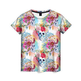 Женская футболка 3D с принтом Цветы и бабочки 5 в Новосибирске, 100% полиэфир ( синтетическое хлопкоподобное полотно) | прямой крой, круглый вырез горловины, длина до линии бедер | акварель | нежный | паттерн | цветочек | цветочный