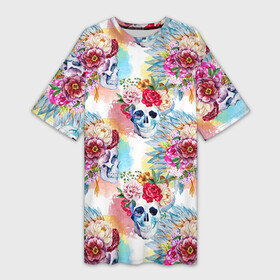 Платье-футболка 3D с принтом Цветы и бабочки 5 в Новосибирске,  |  | акварель | нежный | паттерн | цветочек | цветочный