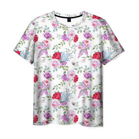 Мужская футболка 3D с принтом Цветы и бабочки 8 в Новосибирске, 100% полиэфир | прямой крой, круглый вырез горловины, длина до линии бедер | акварель | бабочка | нежный | рисунок | роза | сирень | цветочек | цветочный | цветы