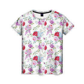 Женская футболка 3D с принтом Цветы и бабочки 8 в Новосибирске, 100% полиэфир ( синтетическое хлопкоподобное полотно) | прямой крой, круглый вырез горловины, длина до линии бедер | акварель | бабочка | нежный | рисунок | роза | сирень | цветочек | цветочный | цветы