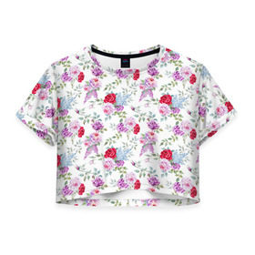 Женская футболка 3D укороченная с принтом Цветы и бабочки 8 в Новосибирске, 100% полиэстер | круглая горловина, длина футболки до линии талии, рукава с отворотами | акварель | бабочка | нежный | рисунок | роза | сирень | цветочек | цветочный | цветы